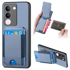Per vivo S17 / S17 Pro / V29 Custodia per telefono con supporto a portafoglio con vibrazione verticale in fibra di carbonio (blu)