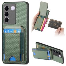Custodia per telefono con supporto a portafoglio verticale in fibra di carbonio per vivo S16 / V27 (verde)