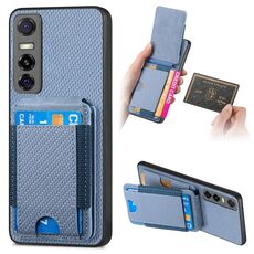 Per vivo Y73s 5G / S7e Custodia per telefono con supporto a portafoglio verticale in fibra di carbonio (blu)