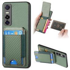 Per vivo Y73s 5G / S7e Custodia per telefono con supporto a portafoglio verticale in fibra di carbonio (verde)