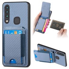 Per vivo Y12 / Y15 / Y17 / Y3 Custodia per telefono con supporto a portafoglio verticale in fibra di carbonio (blu)