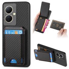 Custodia per telefono con supporto a portafoglio con vibrazione verticale in fibra di carbonio per vivo V29 Lite/Y78+ (nero)