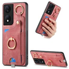 Per Honor X7b Custodia per telefono con sacchetto per carte ad anello retrò con sensazione di pelle e anello per appendere (rosa)