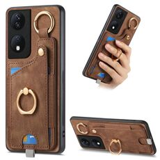 Per Honor X7b Custodia per telefono con borsa per carte ad anello retrò con sensazione di pelle e anello per appendere (marrone)