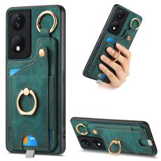 Per Honor X7b Custodia per telefono con sacchetto per carte ad anello retrò con sensazione di pelle e anello per appendere (verde)