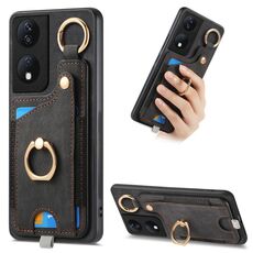 Per Honor X7b Retro Skin-feel Ring Card Bag Custodia per telefono con passante per appendere (nero)