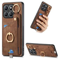 Per Honor X8b Custodia per telefono con borsa per carte ad anello retrò con sensazione di pelle e anello per appendere (marrone)