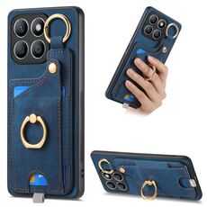 Per Honor X8b Custodia per telefono con borsa per carte ad anello retrò con sensazione di pelle e anello per appendere (blu)