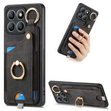 Per Honor X8b Custodia per telefono con sacchetto per carte ad anello retrò con sensazione di pelle e anello per appendere (nero)