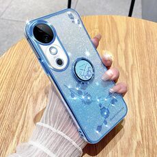 Custodia per telefono all-inclusive con anello floreale immortale con glitter sfumato per vivo S19 (Bule)