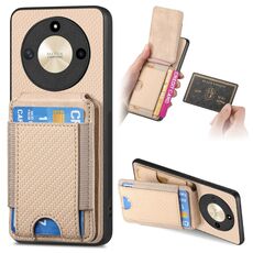Custodia per telefono con supporto a portafoglio verticale in fibra di carbonio per Honor X40 / X9a (cachi)