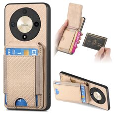 Custodia per telefono con supporto a portafoglio verticale in fibra di carbonio per Honor X9b (cachi)