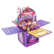 Biglietto di auguri di compleanno intagliato a mano in carta cava tridimensionale 3D colorato (viola)