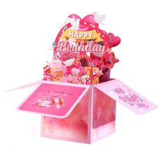Biglietto di auguri di compleanno intagliato in carta cava fatta a mano, tridimensionale, colorato 3D (rosa)