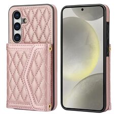 Per Samsung Galaxy S24 5G Custodia per telefono con trama rombica e cordino lungo (oro rosa)