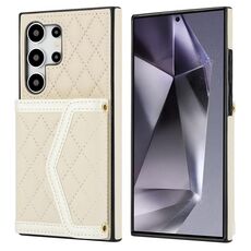 Per Samsung Galaxy S24 Ultra 5G Custodia per telefono con custodia per carta con texture rombica e cordino lungo (Beige)