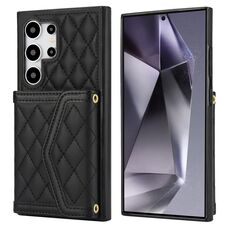 Per Samsung Galaxy S24 Ultra 5G Custodia per telefono con custodia per carta con texture rombica e cordino lungo (nero)