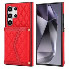 Per Samsung Galaxy S24 Ultra 5G Custodia per telefono con custodia per carta con texture rombica e cordino lungo (rosso)