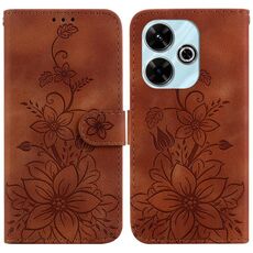 Custodia per telefono in pelle goffrata Giglio per Xiaomi Redmi 13 4G (marrone)