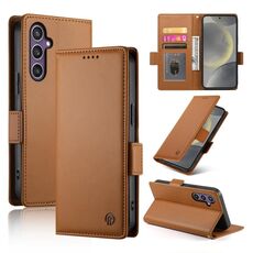 Custodia per telefono in pelle smerigliata magnetica con fibbia laterale per Samsung Galaxy S24 5G (marrone)