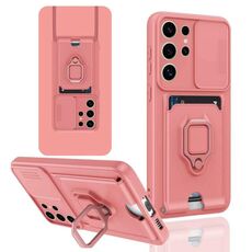 Custodia per telefono in silicone con porta carte magnetica scorrevole Camshield per Samsung Galaxy S24 Ultra 5G (rosa)