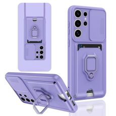 Custodia per telefono in silicone con porta carte magnetica scorrevole Camshield per Samsung Galaxy S24 Ultra 5G (viola chiaro)