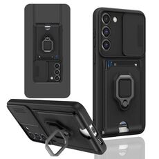 Custodia per telefono in silicone con porta carte magnetica scorrevole Camshield per Samsung Galaxy S22+ 5G (nero)