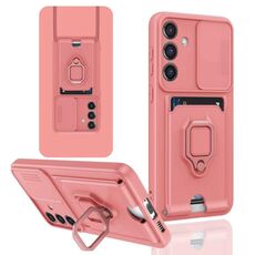 Custodia per telefono in silicone con porta carte magnetica scorrevole Camshield per Samsung Galaxy S22+ 5G (rosa)