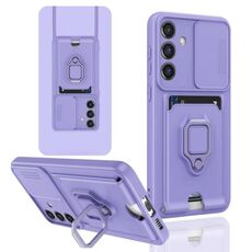 Custodia per telefono in silicone con porta carte magnetica scorrevole Camshield per Samsung Galaxy S22+ 5G (viola chiaro)