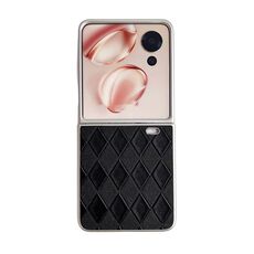 Custodia per telefono in pelle a quadretti a forma di diamante con vernice perlescente per Honor Magic V Flip (nera)