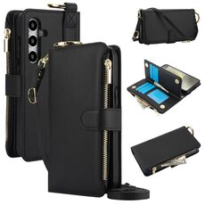 Custodia per telefono in pelle a portafoglio multifunzionale con anello a tracolla per Samsung Galaxy S24 5G (nera)