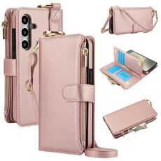 Custodia per telefono in pelle a portafoglio multifunzionale con anello a tracolla per Samsung Galaxy S24 5G (oro rosa)