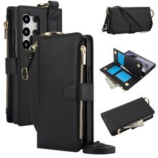 Custodia per telefono in pelle a portafoglio multifunzionale con anello a tracolla per Samsung Galaxy S24 Ultra 5G (nero)