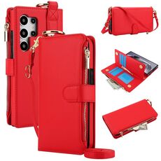 Per Samsung Galaxy S24 Ultra 5G Crossbody Ring Custodia a portafoglio multifunzionale in pelle per telefono(Rosso)