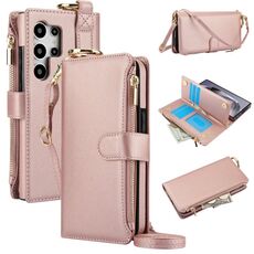 Per Samsung Galaxy S24 Ultra 5G Custodia a tracolla multifunzionale in pelle con anello a tracolla (oro rosa)