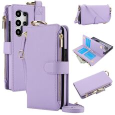 Custodia per telefono in pelle a portafoglio multifunzionale con anello a tracolla per Samsung Galaxy S24 Ultra 5G (viola)