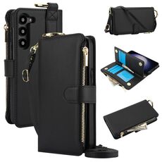 Custodia per telefono in pelle a portafoglio multifunzionale con anello a tracolla per Samsung Galaxy S23 5G (nera)