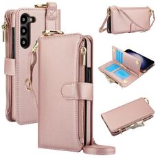 Custodia per telefono in pelle a portafoglio multifunzionale con anello a tracolla per Samsung Galaxy S23 5G (oro rosa)