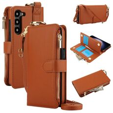 Per Samsung Galaxy S23 5G Custodia a tracolla multifunzionale in pelle con anello a tracolla (marrone)