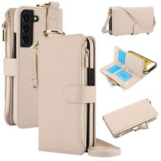 Per Samsung Galaxy S22 5G Custodia per telefono in pelle con anello a tracolla multifunzionale (bianca)