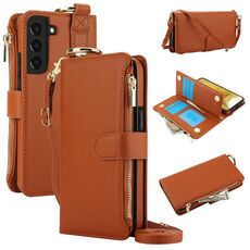 Per Samsung Galaxy S22 5G Custodia a tracolla multifunzionale in pelle con anello a tracolla (marrone)