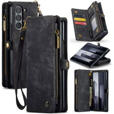Per Samsung Galaxy Z Fold6 5G CaseMe 008 Custodia per telefono in pelle con cerniera multifunzionale con cordino (nero)