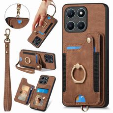 Per Honor X6a Custodia per telefono a portafoglio multi-card RFID con anello retro skin-feel (marrone)