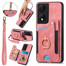 Per Honor X7b Custodia per telefono a portafoglio multi-card RFID con anello retro skin-feel (rosa)