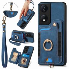 Per Honor X7b Custodia per telefono a portafoglio multi-card RFID con anello retro skin-feel (blu)