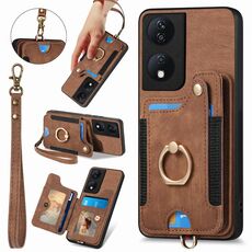 Per Honor X7b Custodia per telefono a portafoglio multi-card RFID con anello retro skin-feel (marrone)