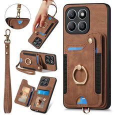 Per Honor X8b Custodia per telefono a portafoglio multi-card RFID con anello retro skin-feel (marrone)