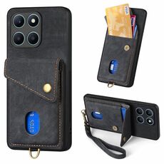 Per Honor X6a Retro Card Wallet Fold Custodia in pelle per telefono con cinturino (nero)