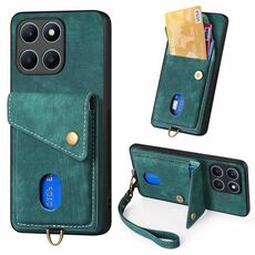 Custodia per cellulare in pelle pieghevole con portafoglio retrò per Honor X6a con cinturino (verde)