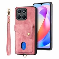 Custodia per cellulare in pelle pieghevole con portafoglio retrò per Honor X6a con cinturino (rosa)